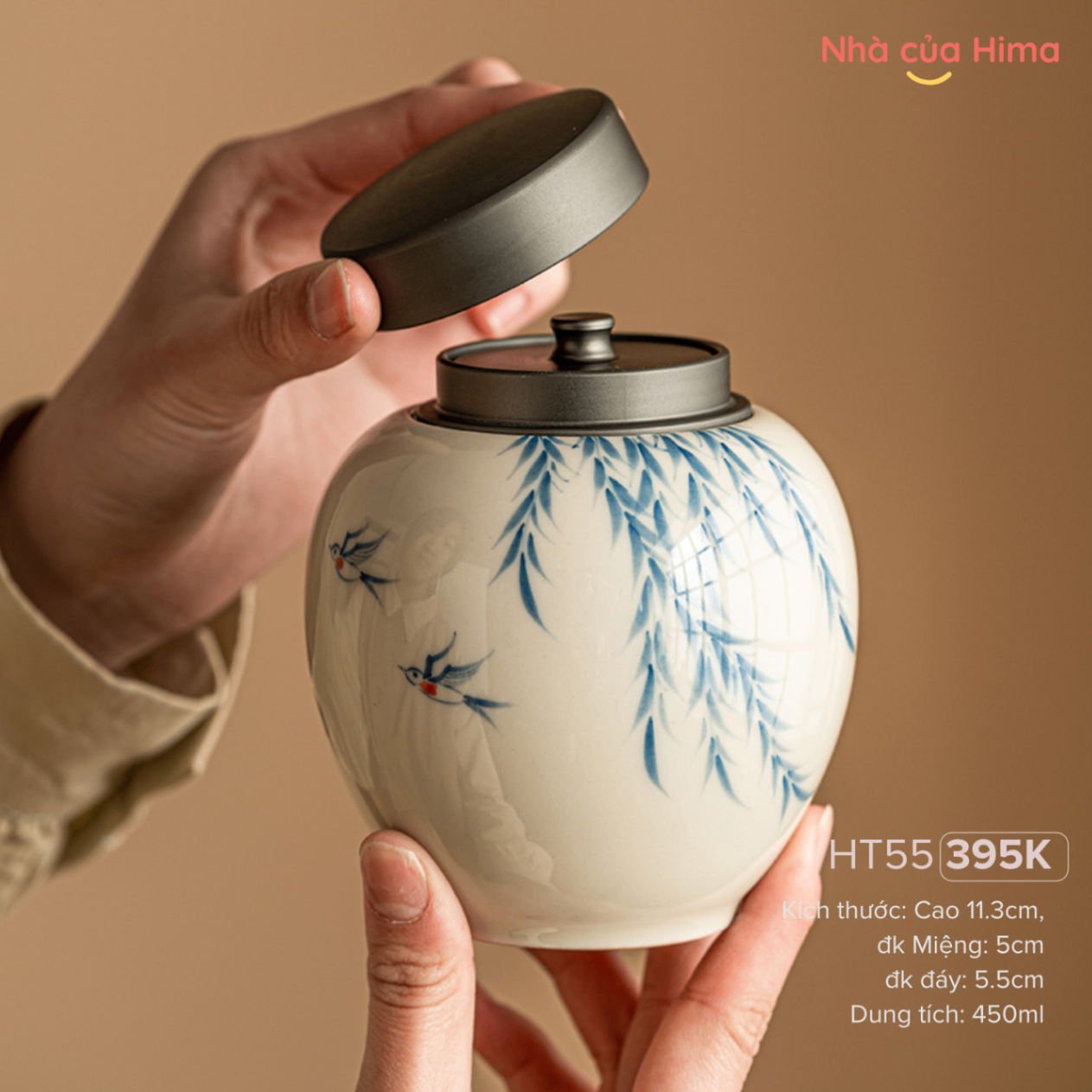 Hũ trà cành liễu xanh 450ml nắp thiếc HT55