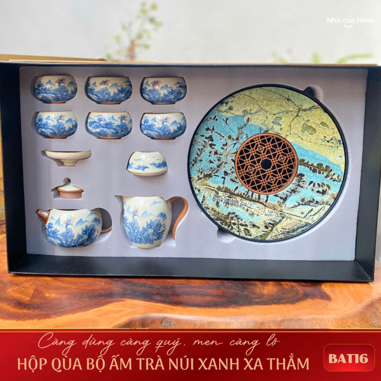 Bộ ấm trà Núi Xanh Xa Thẳm sứ ngọc men rạn kèm khay (6 chén)