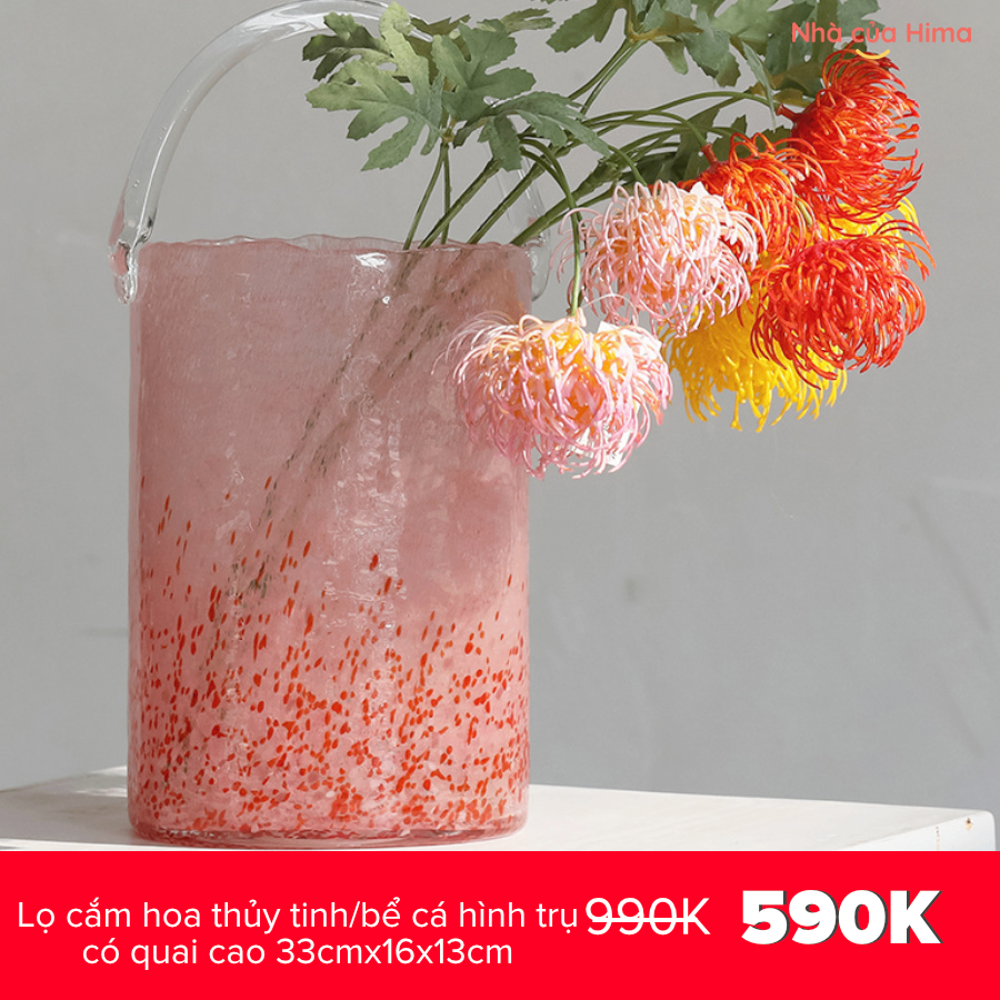 Lọ cắm hoa thủy tinh/bể cá hình trụ có quai cao 33cmx16x13cm