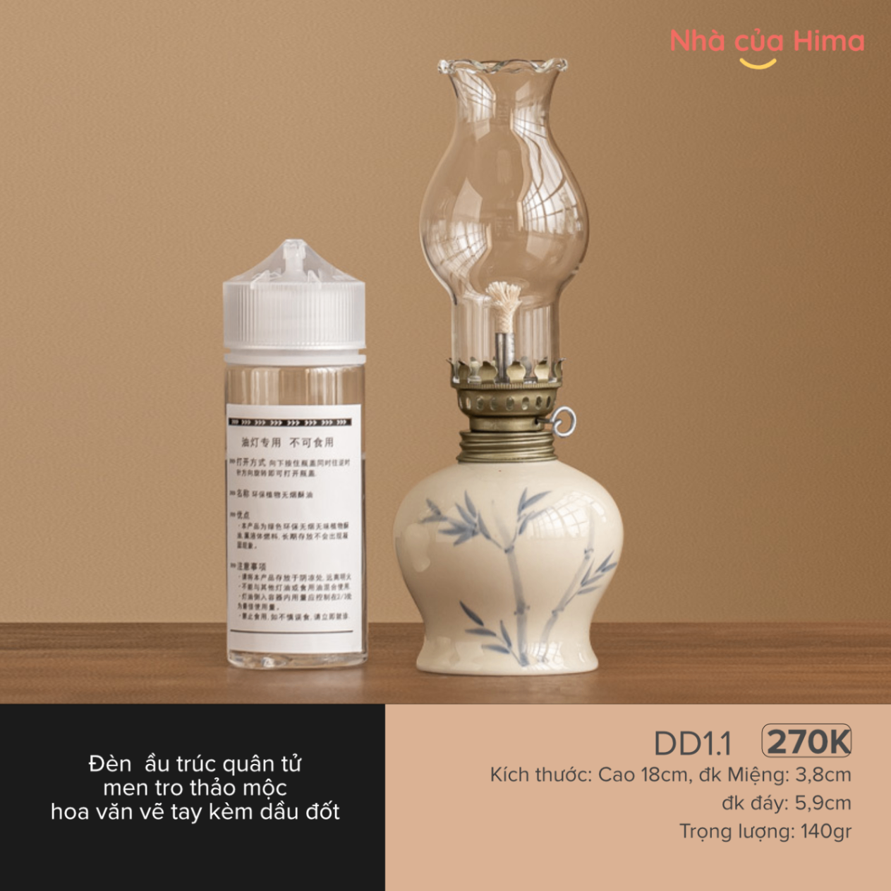 Đèn dầu trúc quân tử men tro thảo mộc hoa văn vẽ tay kèm dầu đốt DD1.1