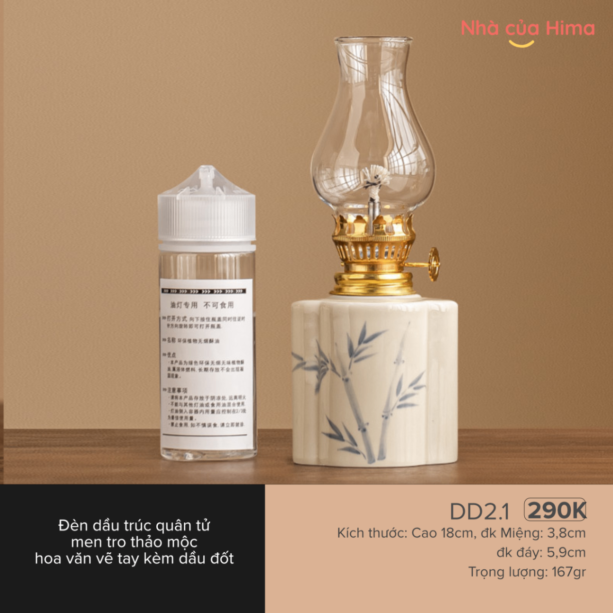 Đèn dầu trúc quân tử men tro thảo mộc hoa văn vẽ tay kèm dầu đốt DD2.1