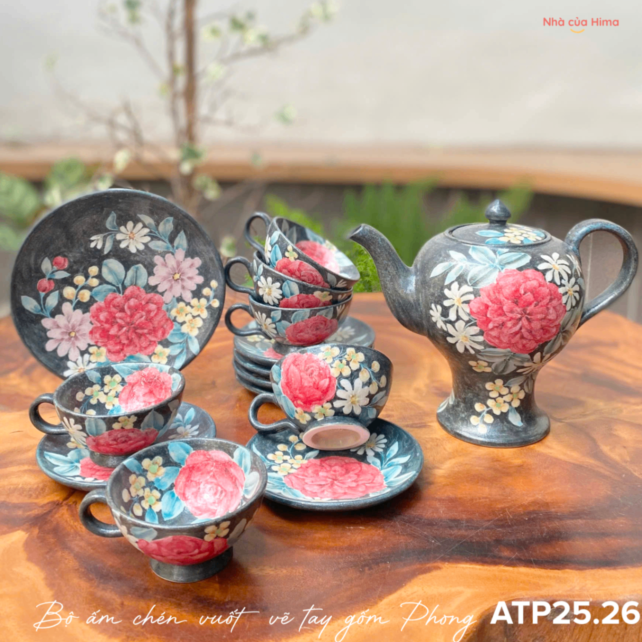 Bộ ấm trà gốm vẽ tay men sơn mài bởi nghệ nhân Phong ATP25.26
