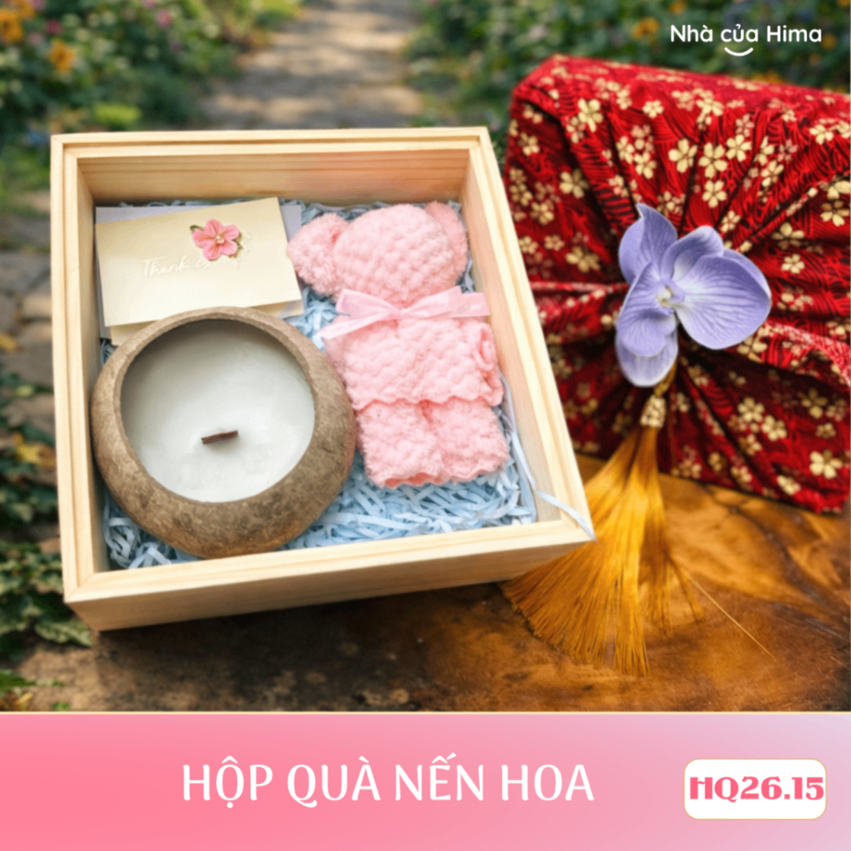 Hộp quà nến hoa HQ26.15 nến gáo dừa mùi nhài/trà trắng 250gr