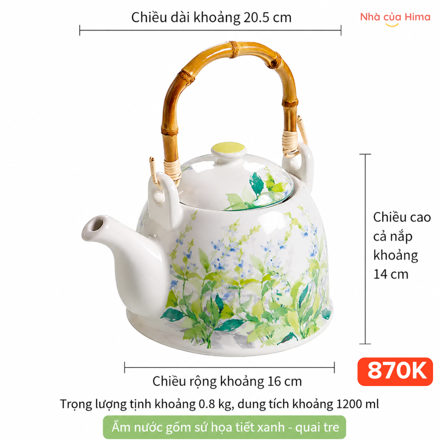 Ấm quai tre hoạ tiết mùa xuân sứ cao cấp OMK 1200ml