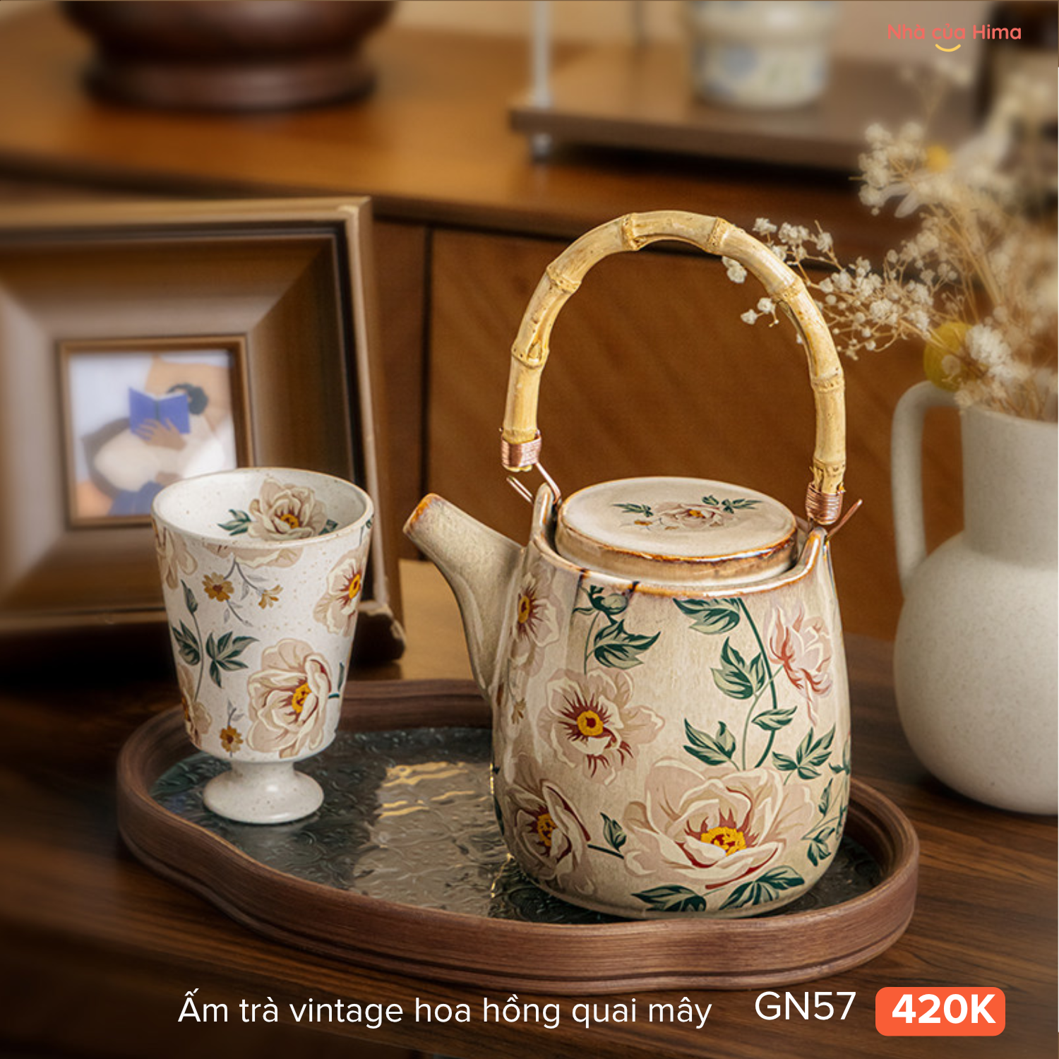 Ấm trà vintage hoa hồng quai mây