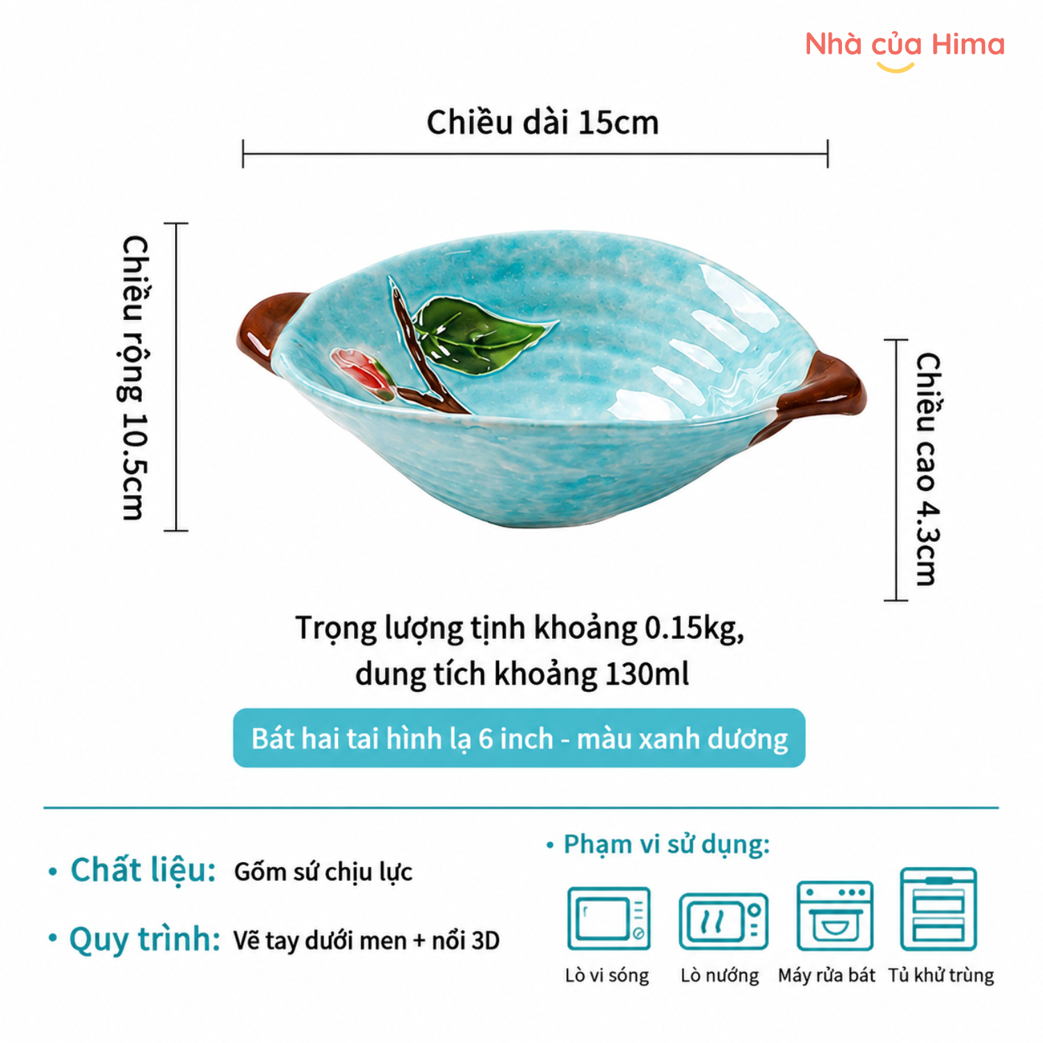 Bát 2 tai OMK 6inch màu xanh dương
