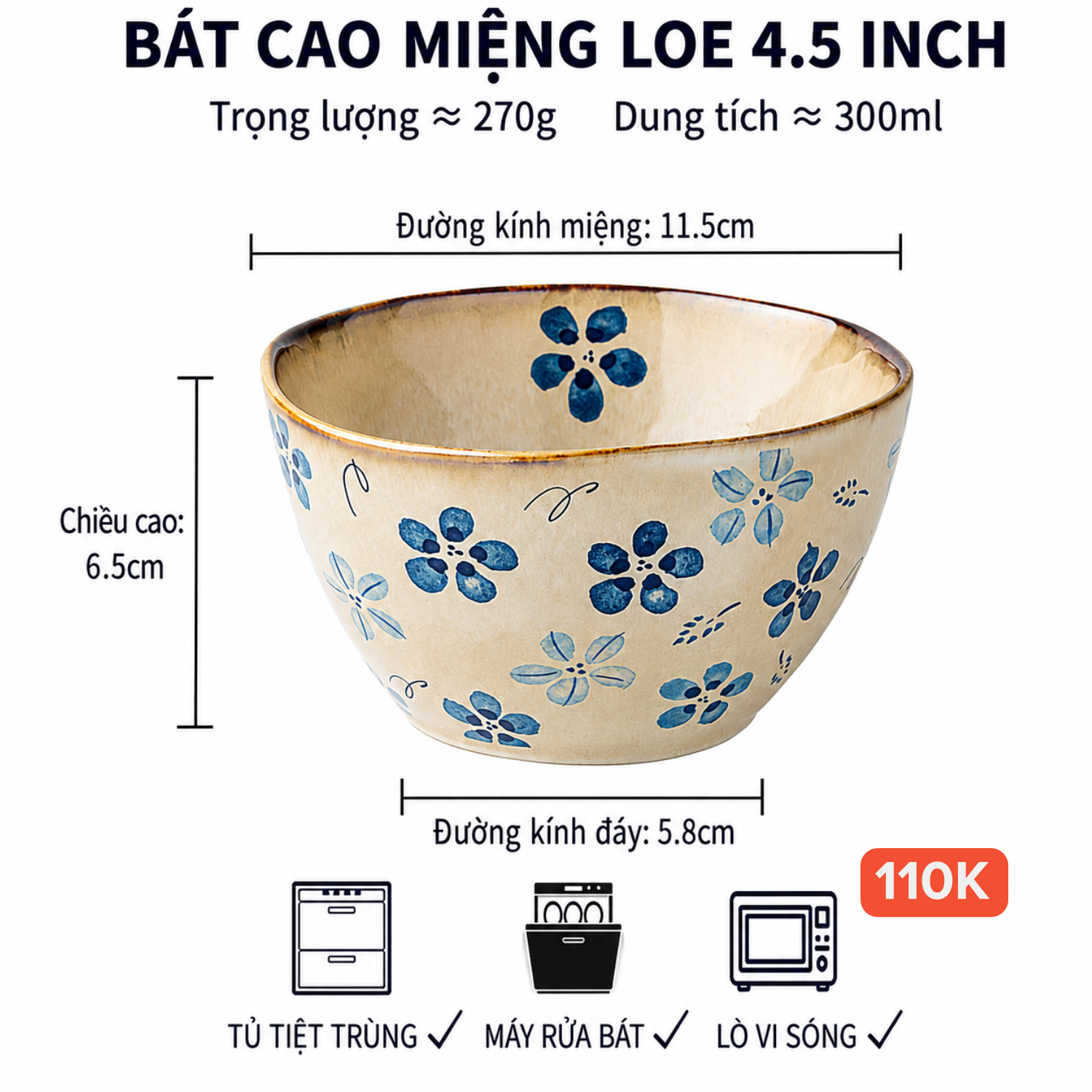 Bát cơm 4.5 inch - 300ml hoa thanh lam gốm Nhật 14.W20
