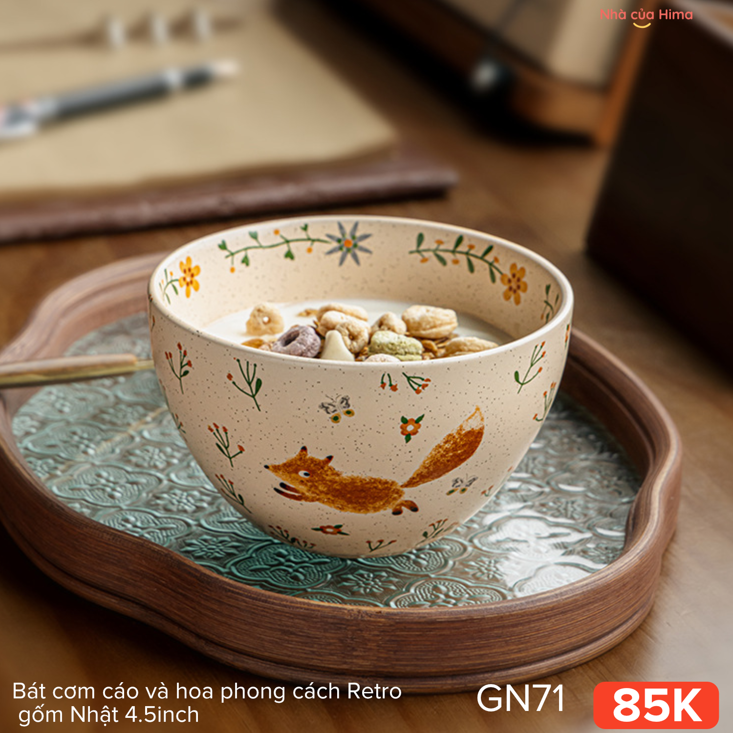 Bát cơm cáo và hoa phong cách Retro gốm Nhật 4.5inch 26.W52