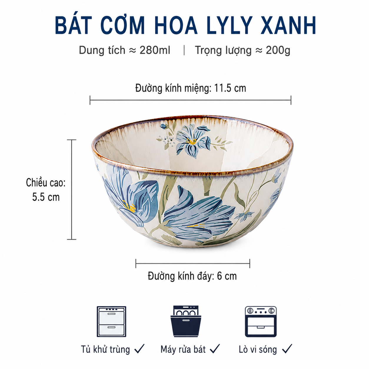 Bát cơm hoa lyly xanh phong cách Retro gốm Nhật 25.W46