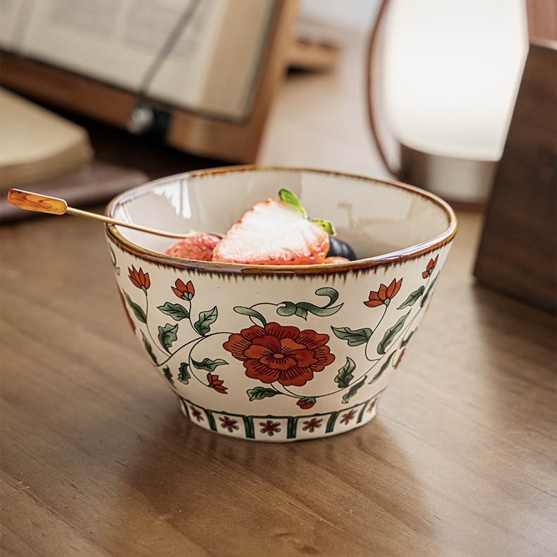 Bát cơm hoa mẫu đơn đỏ phong cách Retro gốm Nhật 4.5inch