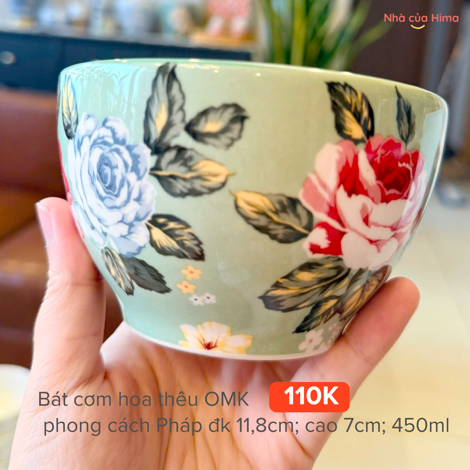 Bát cơm hoa thêu OMK phong cách Pháp đk 11,8cm; cao 7cm; 450ml