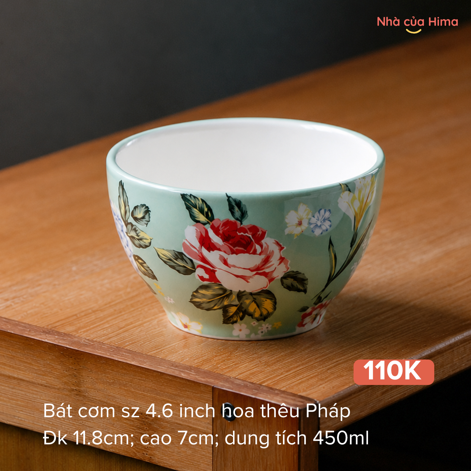 Bát cơm hoa thêu OMK phong cách Pháp đk 11,8cm; cao 7cm; 450ml