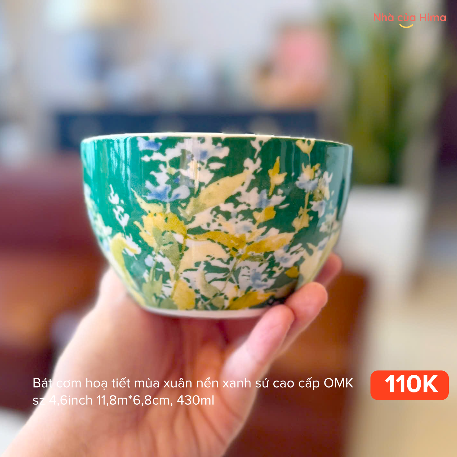 Bát cơm hoạ tiết mùa xuân nền xanh sứ cao cấp OMK OMK sz 4,6inch 11,8m*6,8cm, 430ml