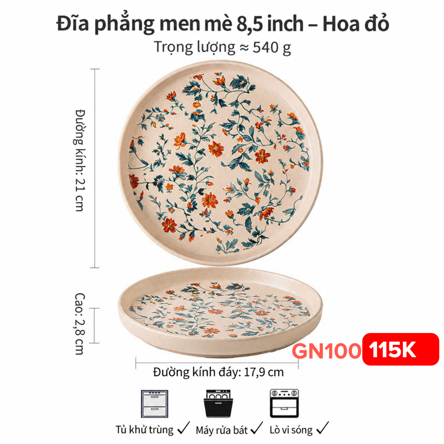 Đĩa phẳng hoa dây leo phong cách Vintage sz 8.5inch đk 21.5cm, sâu 2,8cm