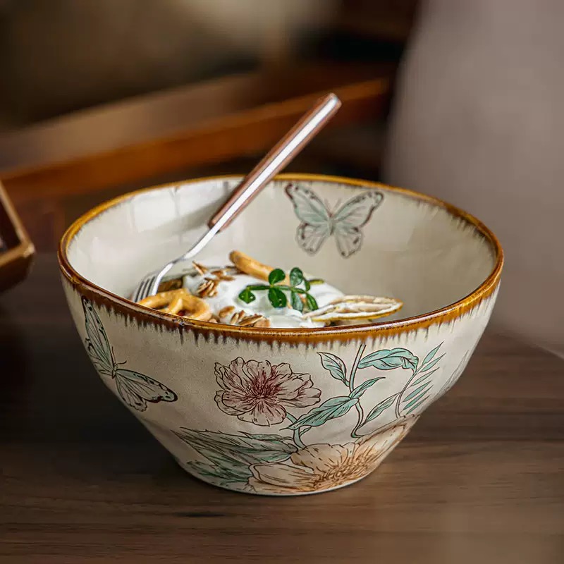 Bát mì Ramen miệng loe 7 inch - 1075ml hoa bướm mùa xuân gốm Nhật