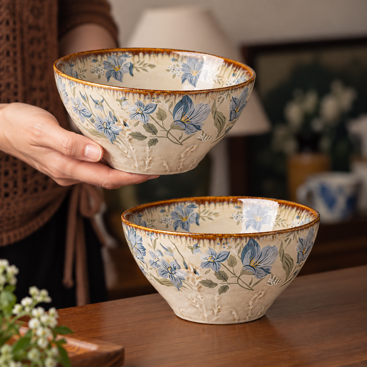 Bát mì Ramen miệng loe 7 inch - 1075ml hoa ly ly xanh gốm Nhật 28.W07