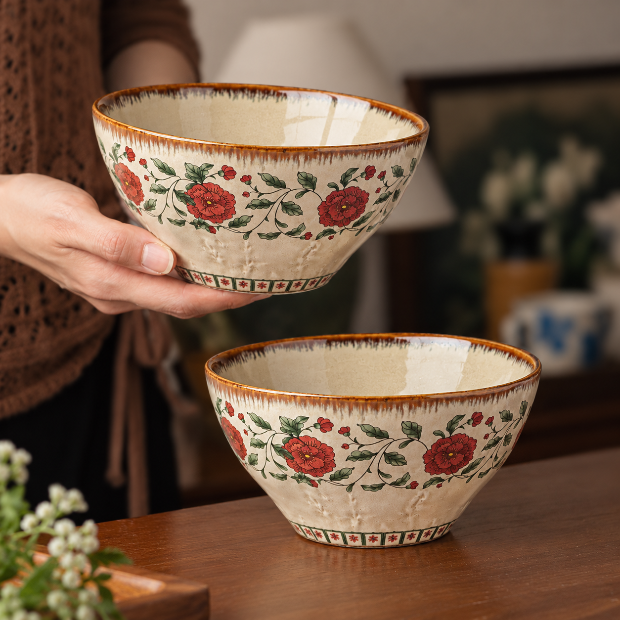 Bát mì Ramen miệng loe 7 inch - 1075ml hoa mẫu đơn đỏ gốm Nhật 13.W47