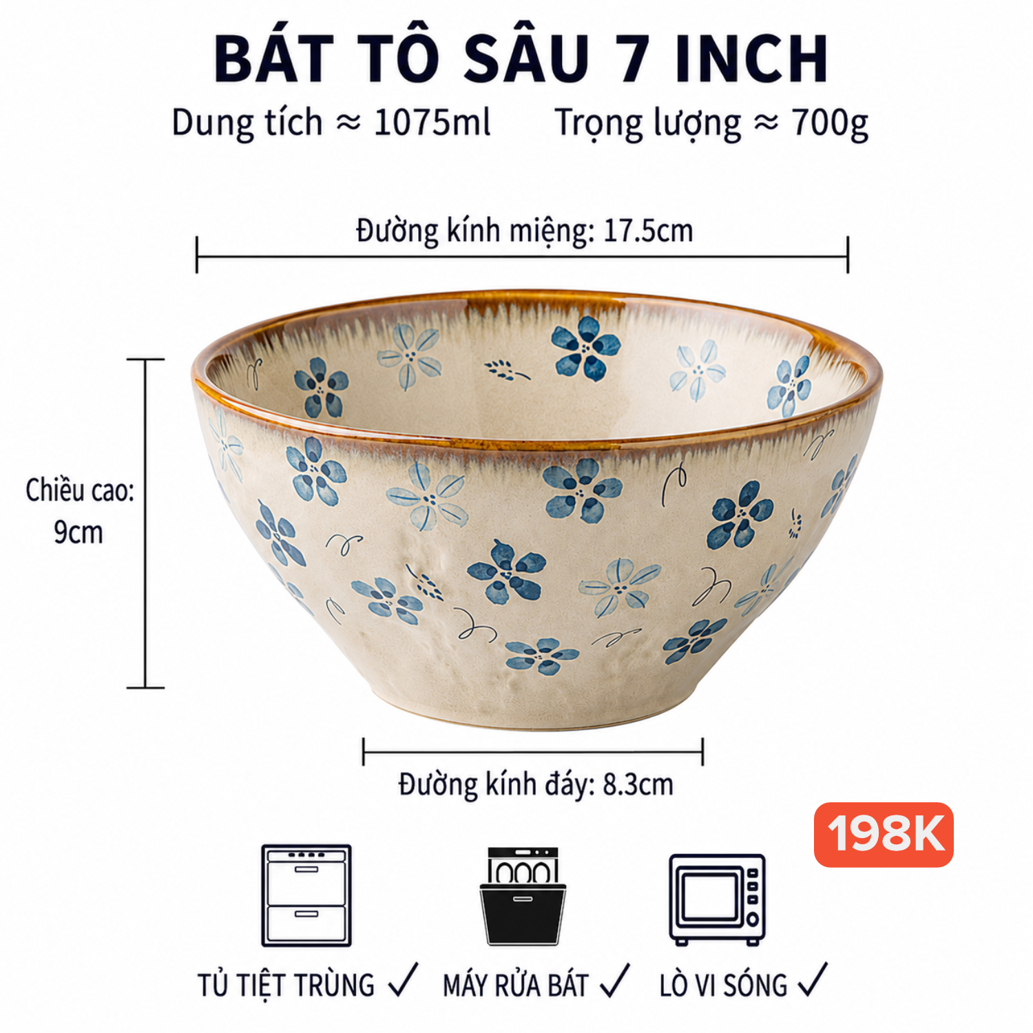 Bát mì Ramen miệng loe 7 inch - 1075ml hoa thanh lam gốm Nhật 14.W21