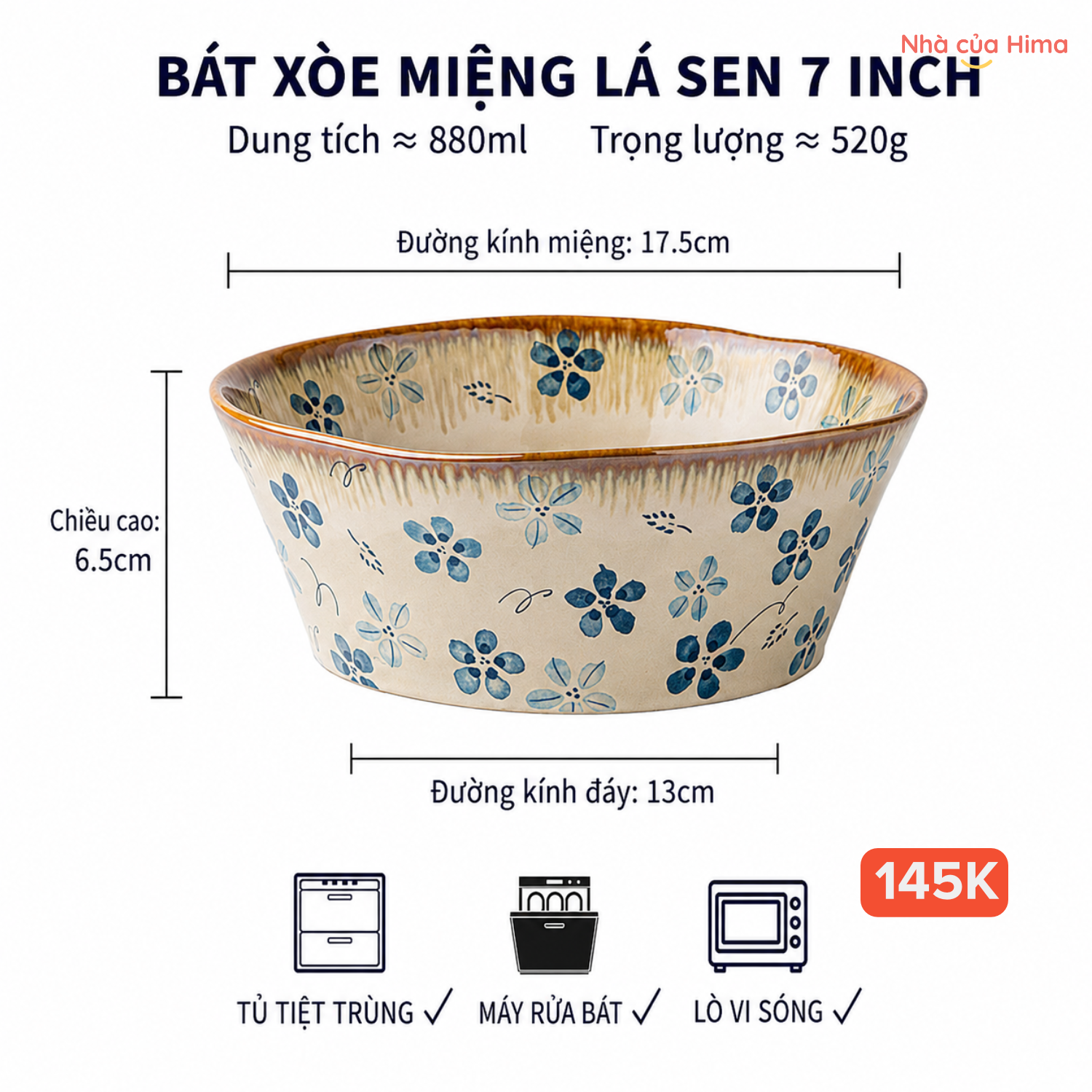 Bát miệng lá sen 7 inch - 880ml hoa thanh lam gốm Nhật 14.W22