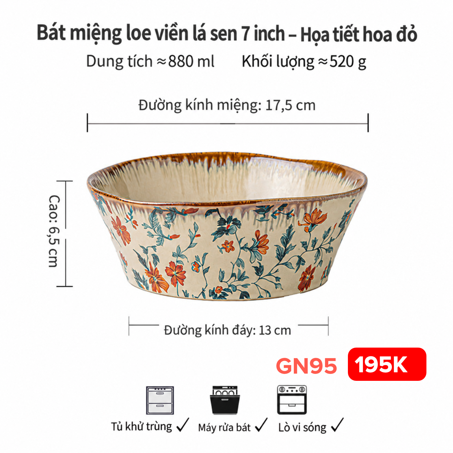 Bát miệng lá sen size 7 phong cách Vintage hoạ tiết dây leo gốm Nhật 17,5*6,3cm*13 *880ml 29.W30