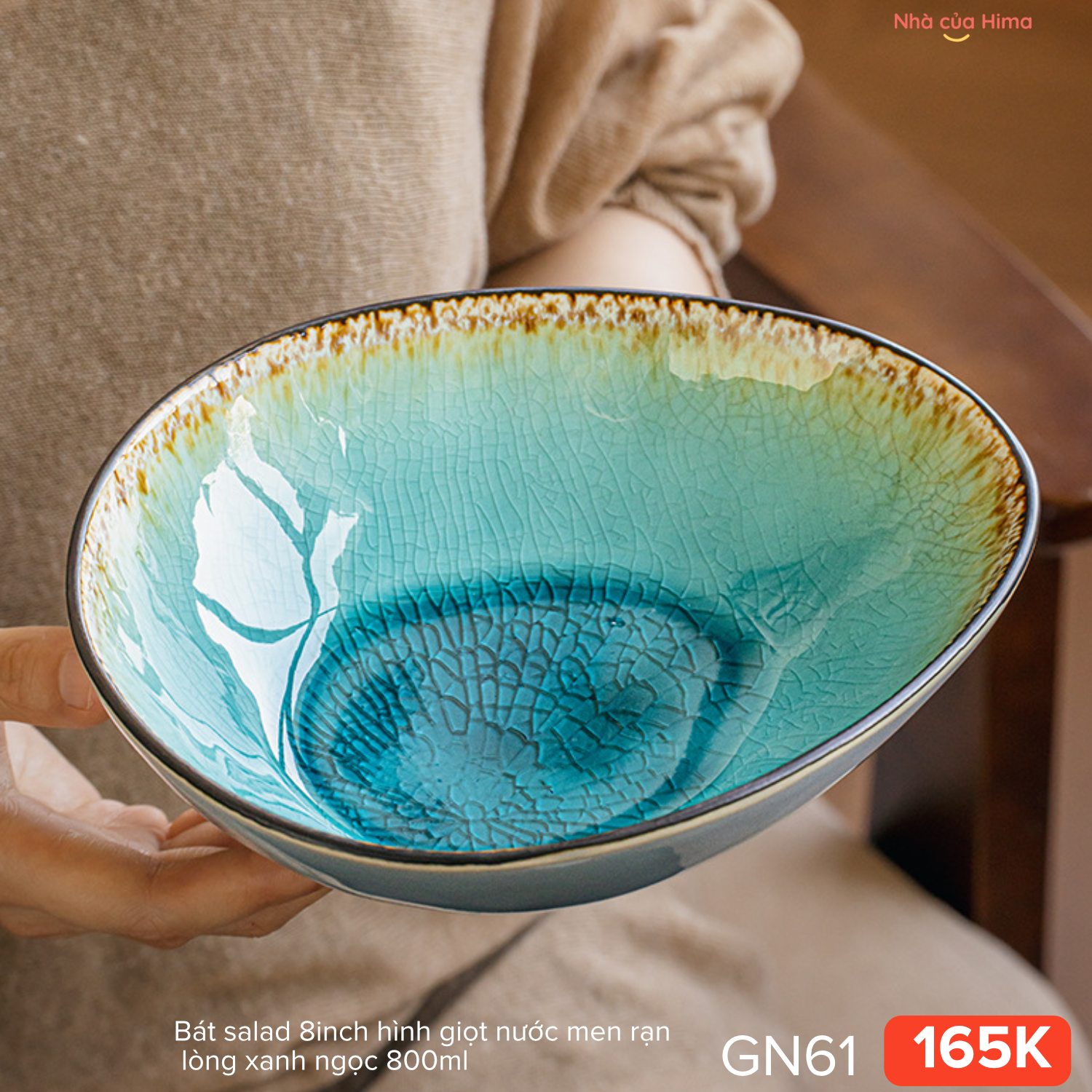 Bát salad 8inch hình giọt nước men rạn lòng xanh ngọc 800ml 78.W21