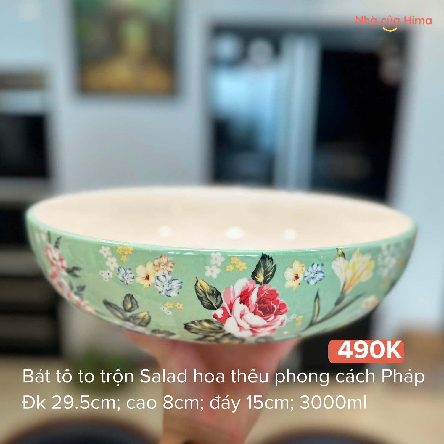 Bát tô to trộn Salad OMK hoa thêu phong cách Pháp đk 29.5cm; cao 8cm -3000ml