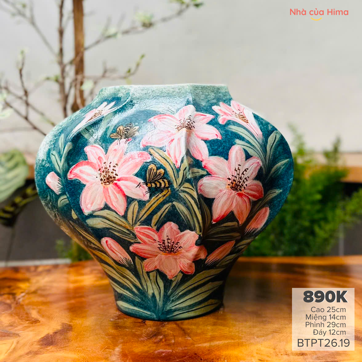 Bình hoa dáng vò khê sz to hoa ly gốm Phong Thu BTPT26.19