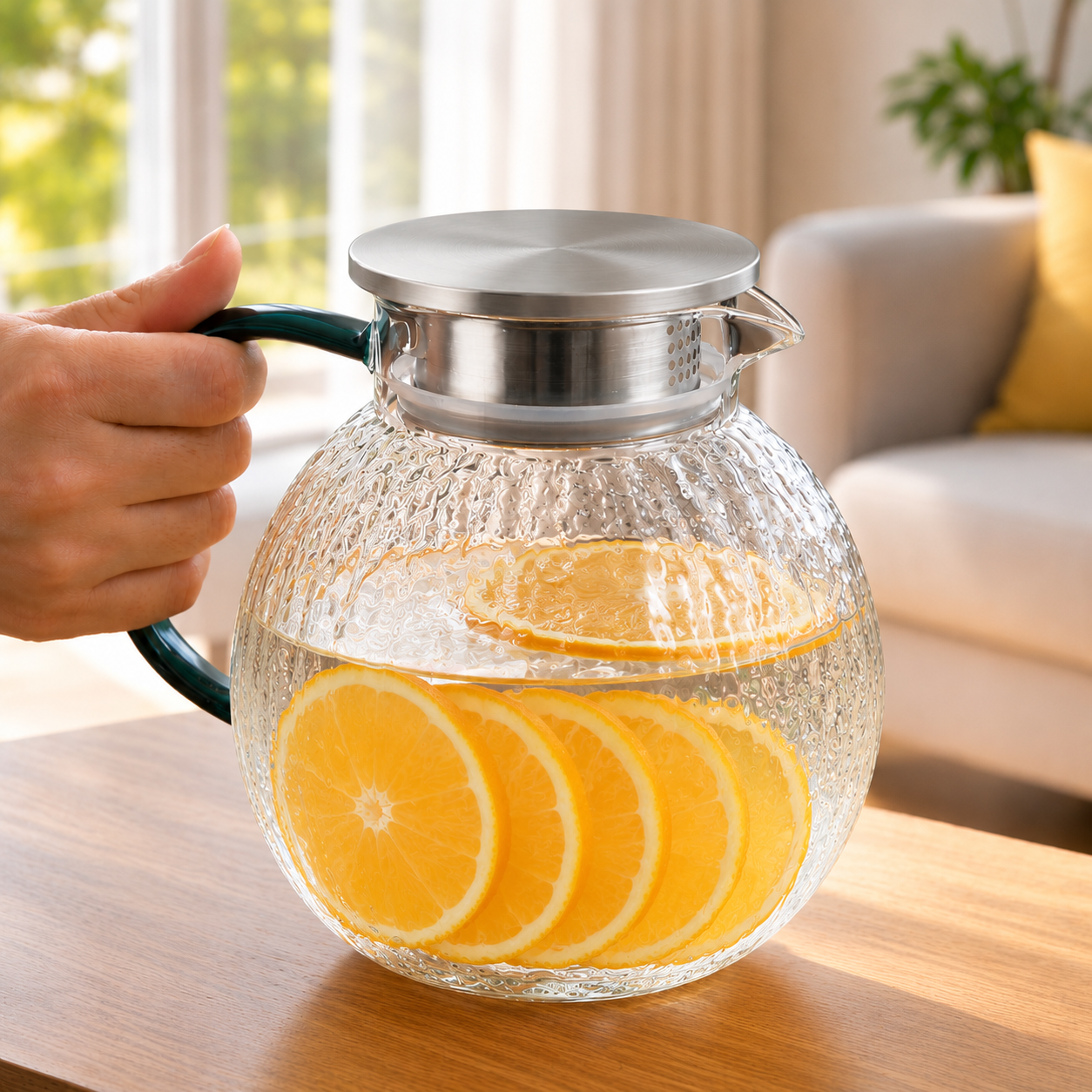 Bình thuỷ tinh sần vân bỏ cây hình quả quýt quai xanh, chịu nhiệt nóng lạnh, nắp Inox 1,3L