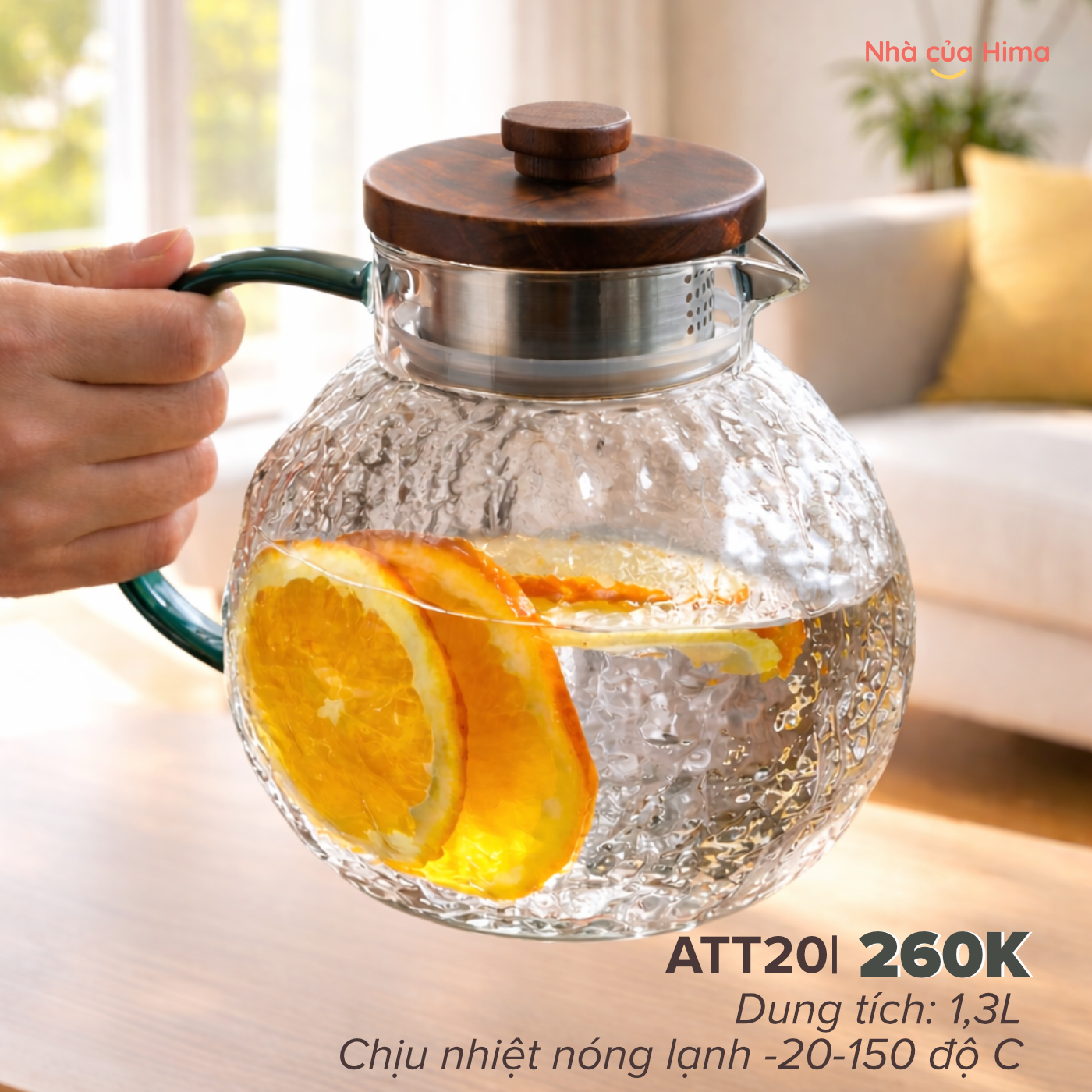 Bình thuỷ tinh sần vân bỏ cây hình quả quýt quai xanh, chịu nhiệt nóng lạnh, nắp gỗ 1,3L
