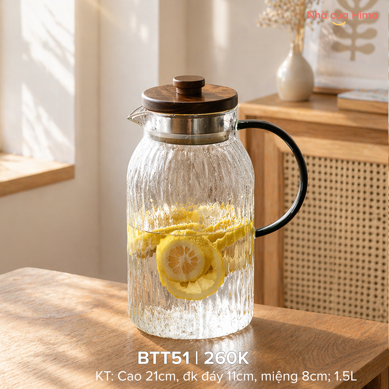 Bình thuỷ tinh vân hình vỏ cây chịu nhiệt nóng lạnh 1,5L nắp gỗ, quai xanh
