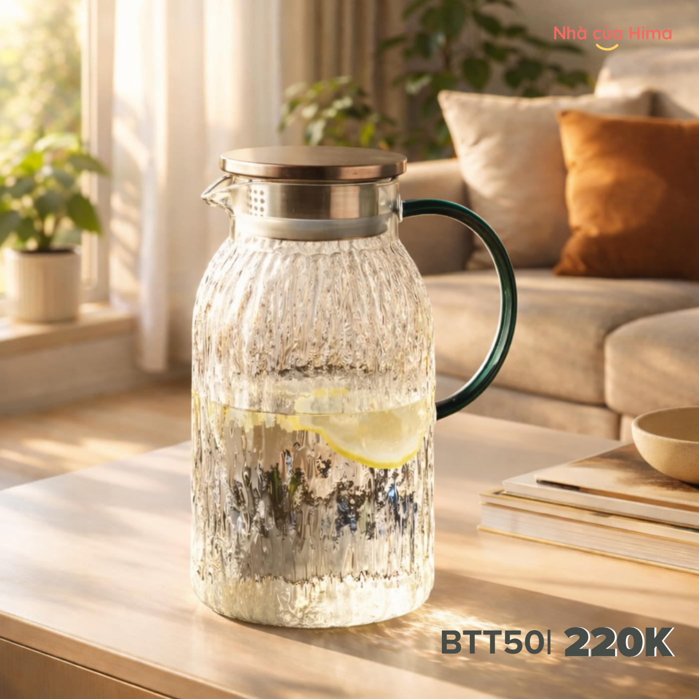Bình thuỷ tinh vân hình vỏ cây chịu nhiệt nóng lạnh 1,6L nắp inox, quai xanh