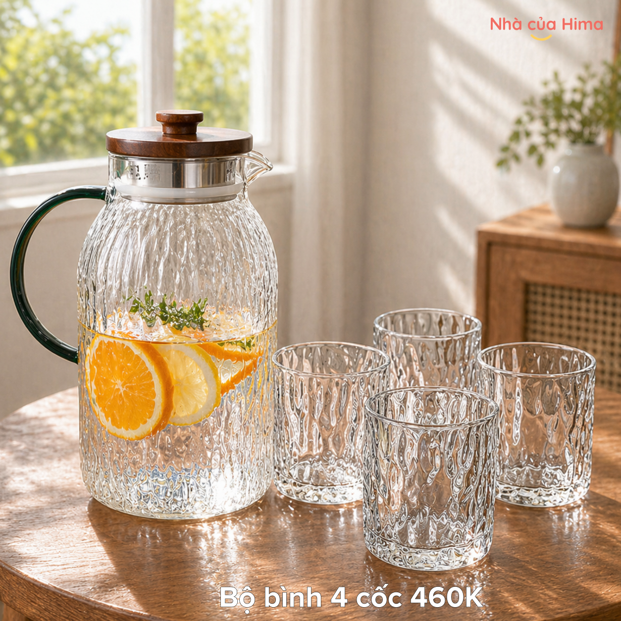 Bộ Bình thuỷ tinh vân hình vỏ cây chịu nhiệt nóng lạnh 1,5L nắp gỗ, quai xanh + 4 cốc vỏ cây không quai