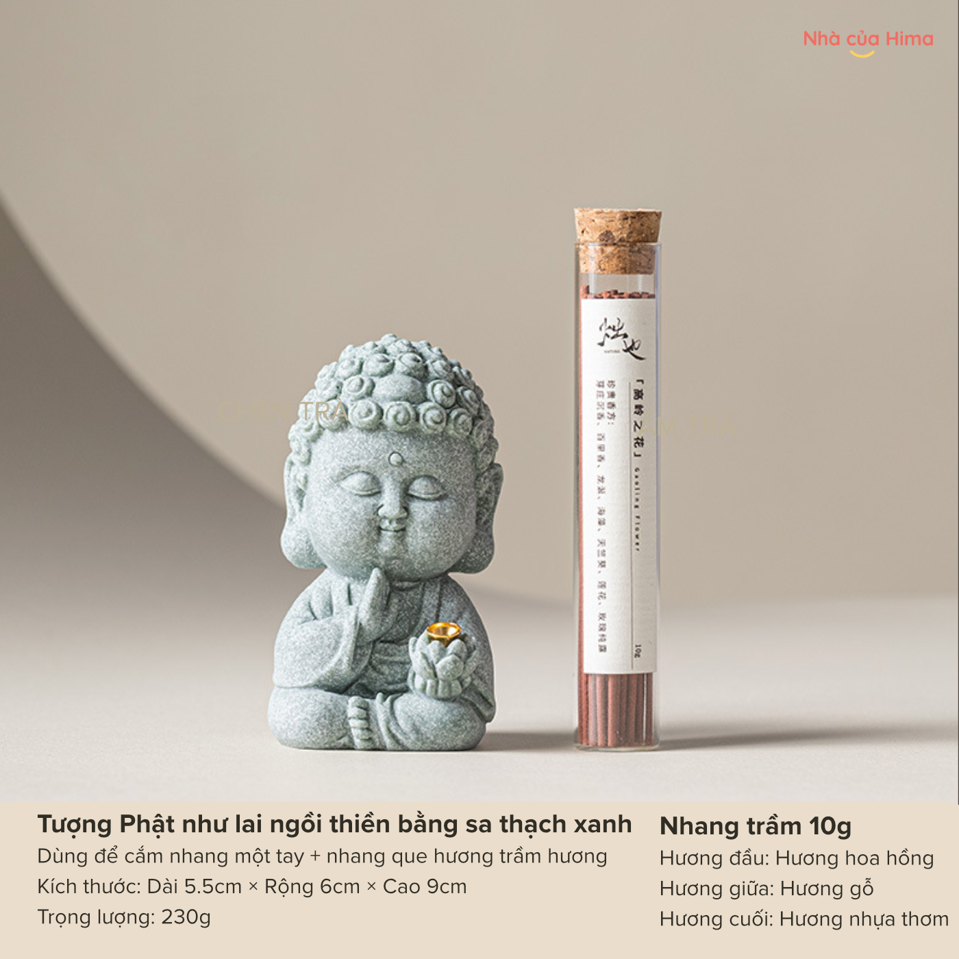 Bộ Đế cắm nhang thiền bằng đá sa thạch xanh hình chú tiểu nhỏ + đài cắm hương + hương trầm hương