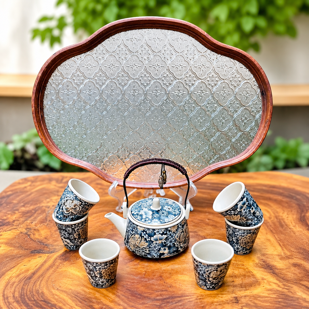 Bộ ấm trà 6 chén mẫu đơn vạn hoa muôn hoa không lộ đời Tống khay thuỷ tinh mờ oval (không hộp quà tặng)