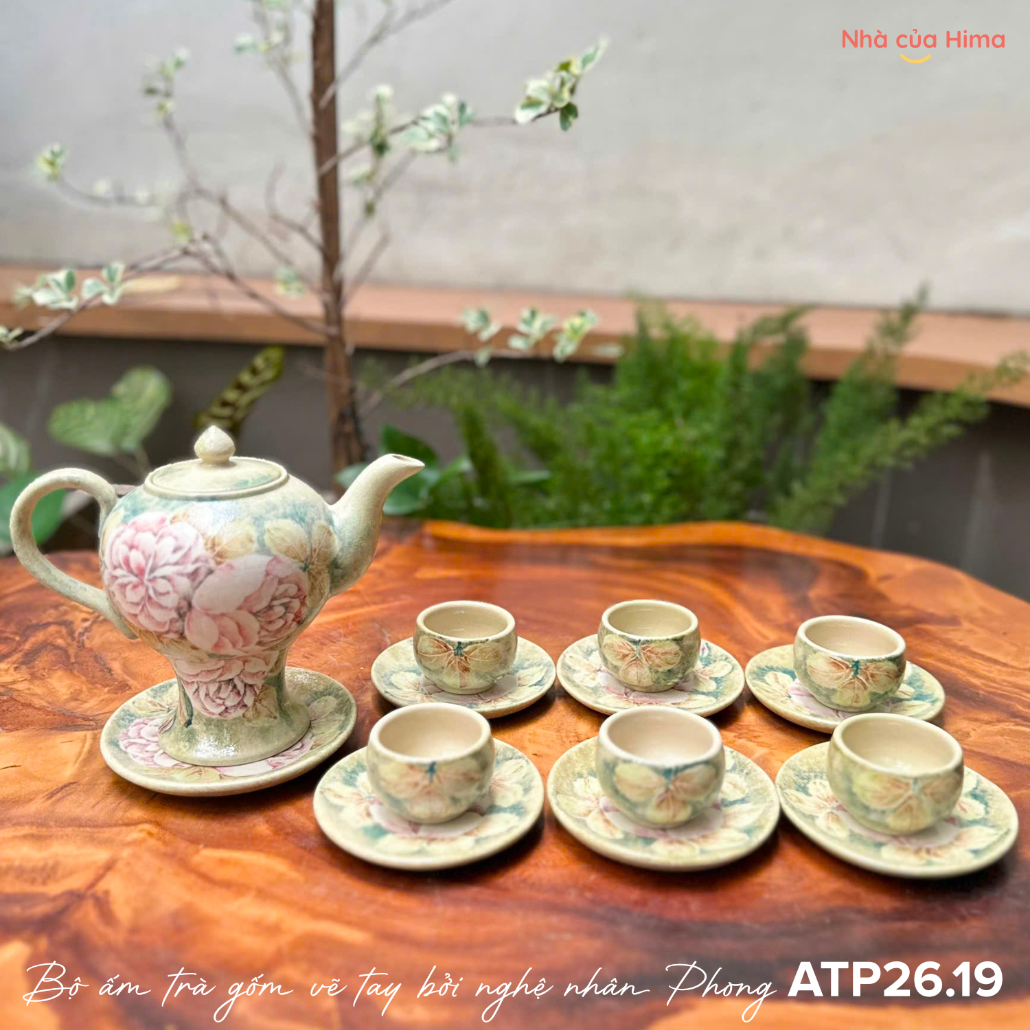 Bộ ấm trà gốm vẽ tay bởi nghệ nhân Phong ATP26.19