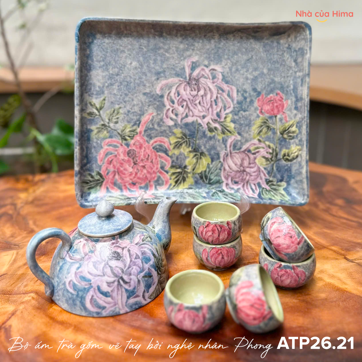 Bộ ấm trà gốm vẽ tay bởi nghệ nhân Phong ATP26.21