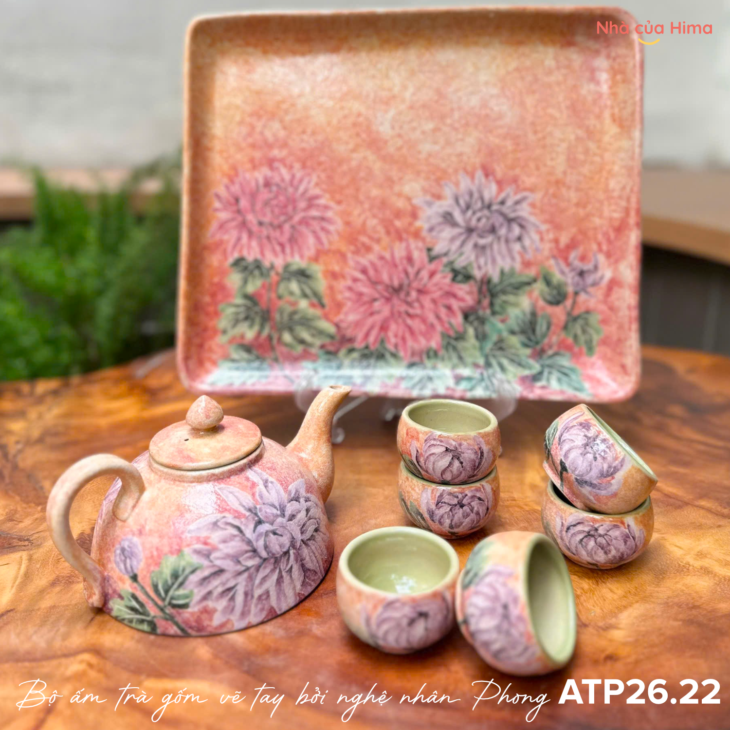 Bộ ấm trà gốm vẽ tay bởi nghệ nhân Phong ATP26.22