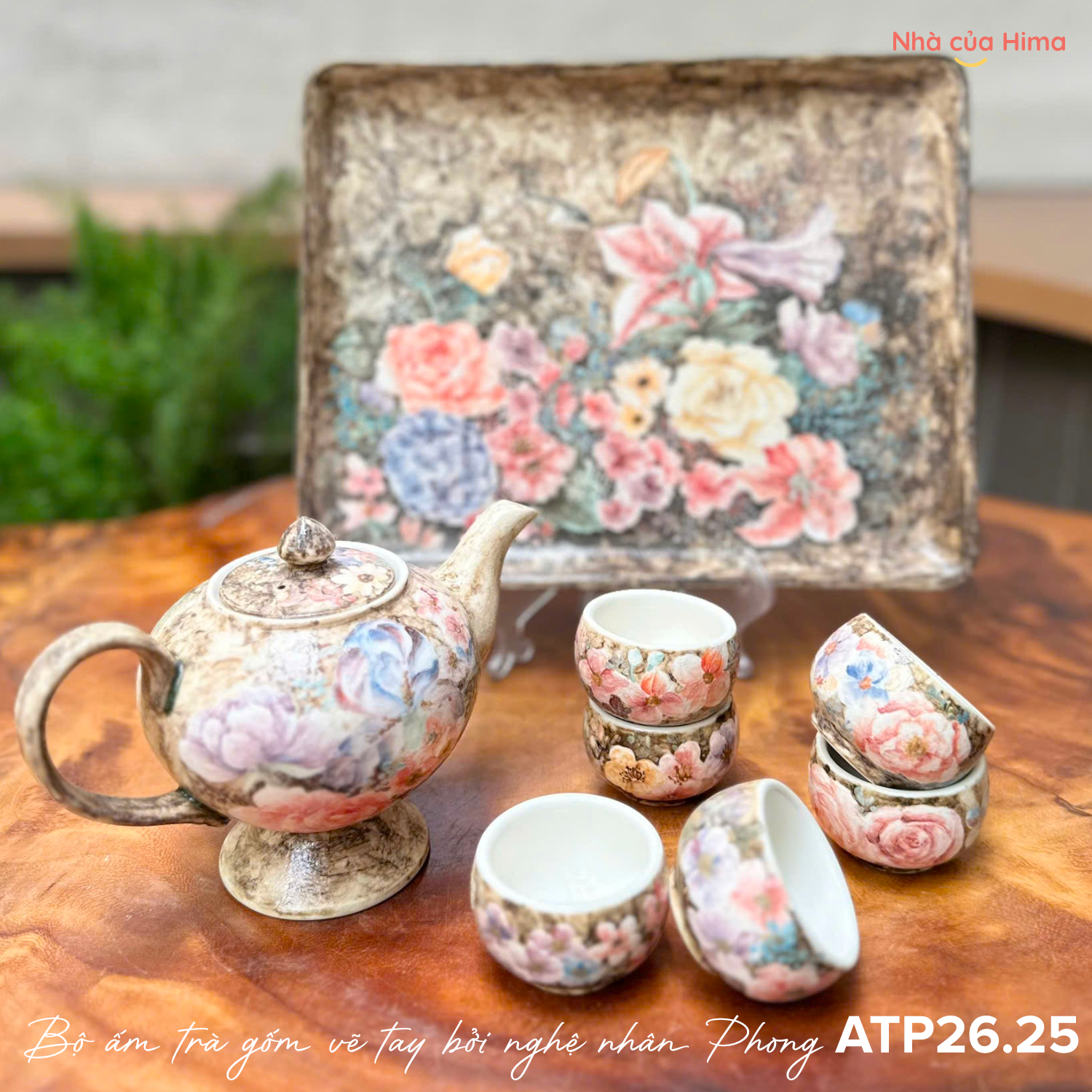 Bộ ấm trà gốm vẽ tay bởi nghệ nhân Phong ATP26.25