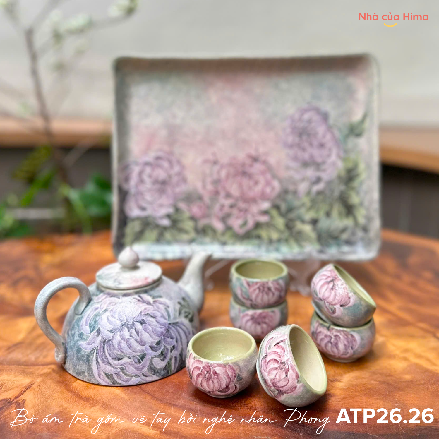 Bộ ấm trà gốm vẽ tay bởi nghệ nhân Phong ATP26.26
