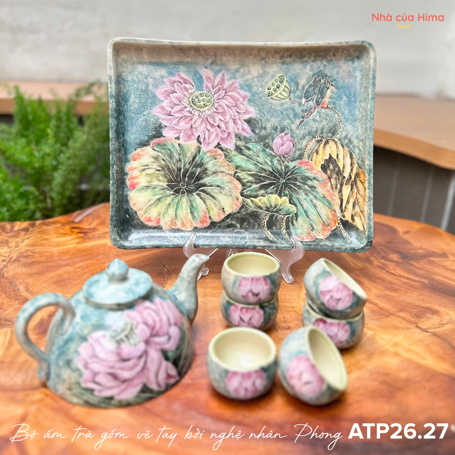 Bộ ấm trà gốm vẽ tay bởi nghệ nhân Phong ATP26.27