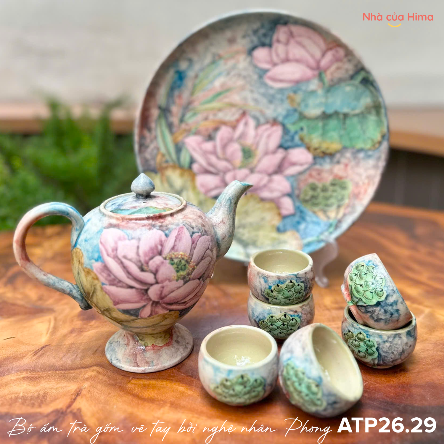 Bộ ấm trà gốm vẽ tay bởi nghệ nhân Phong ATP26.29