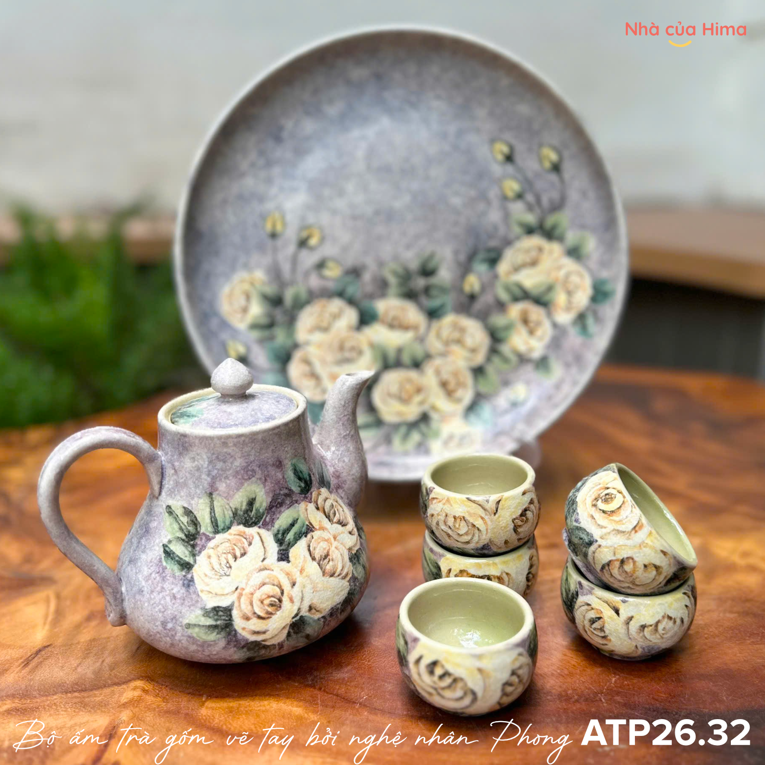 Bộ ấm trà gốm vẽ tay bởi nghệ nhân Phong ATP26.32