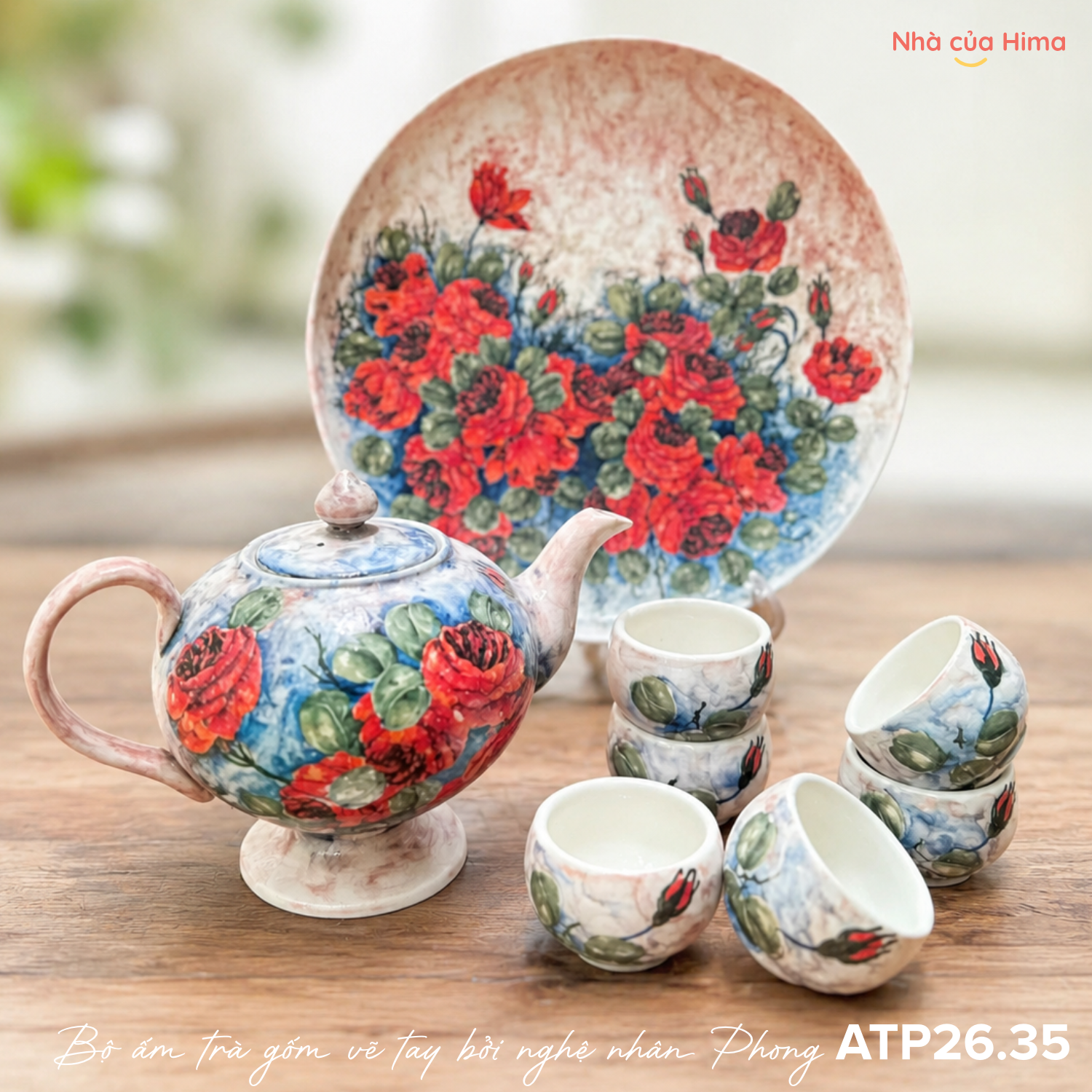 Bộ ấm trà gốm vẽ tay bởi nghệ nhân Phong ATP26.35