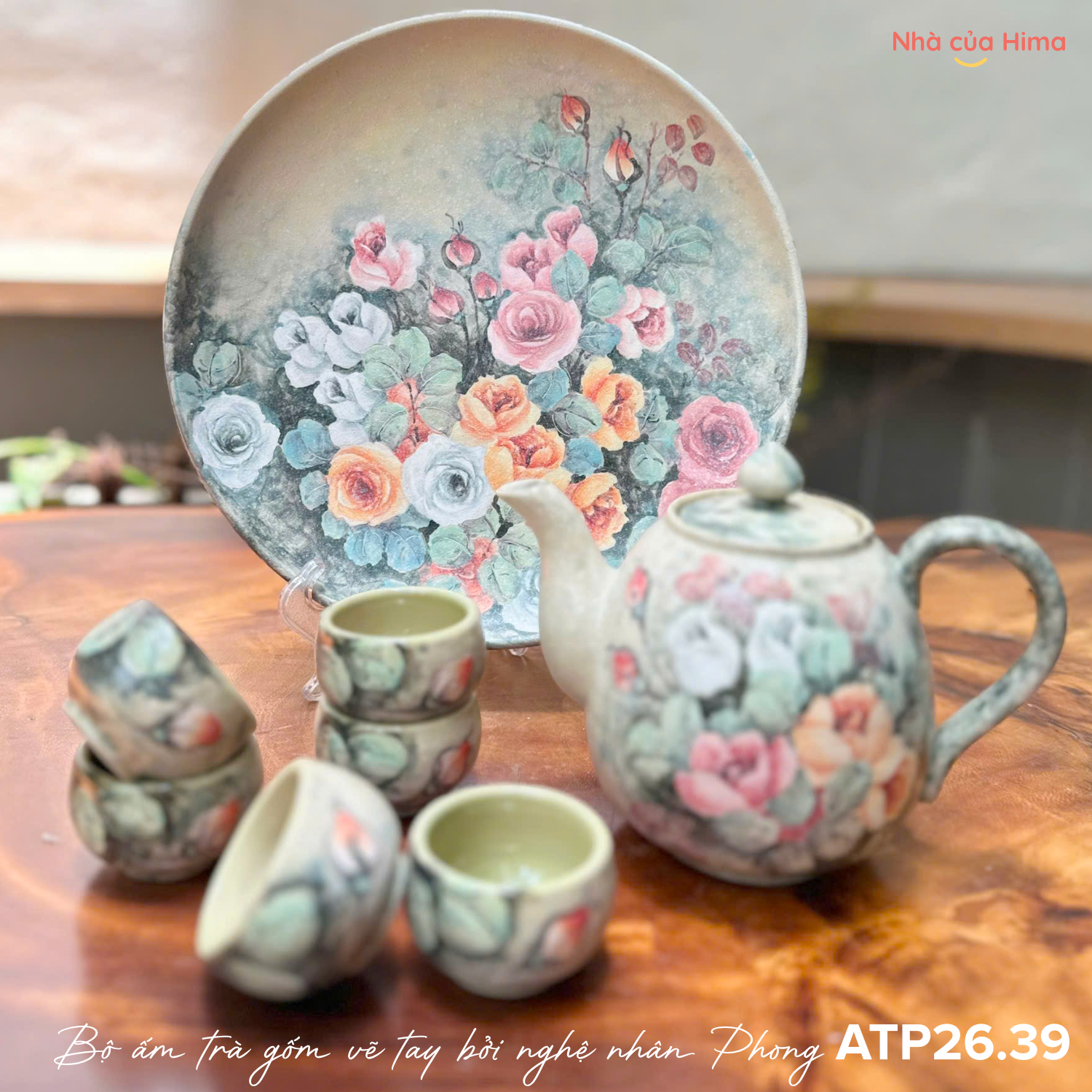 Bộ ấm trà gốm vẽ tay bởi nghệ nhân Phong ATP26.39