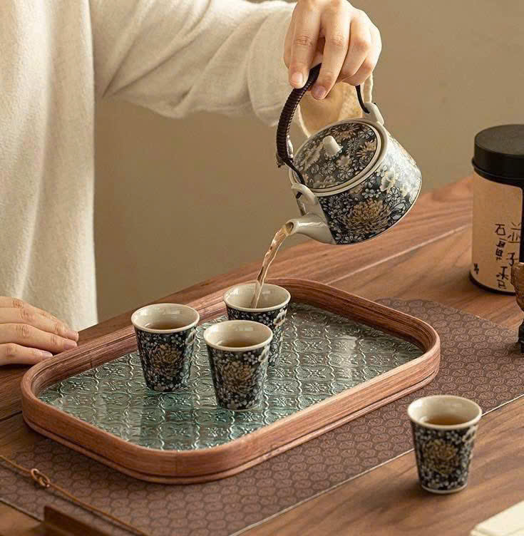 Bộ ấm trà mẫu đơn vạn hoa, muôn hoa không lộ đời Tống, khay thuỷ tinh mờ chữ nhật (không hộp quà tặng)