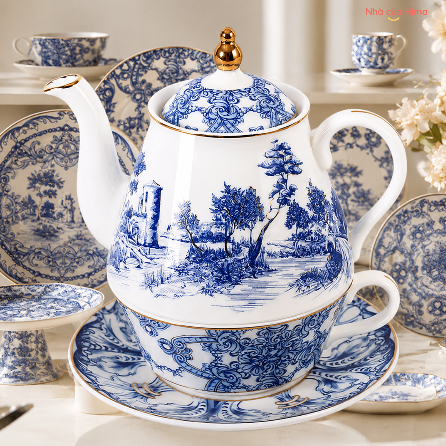 Bộ ấm trà + tách trà đơn Blue & White phong cách Thổ Nhĩ Kì