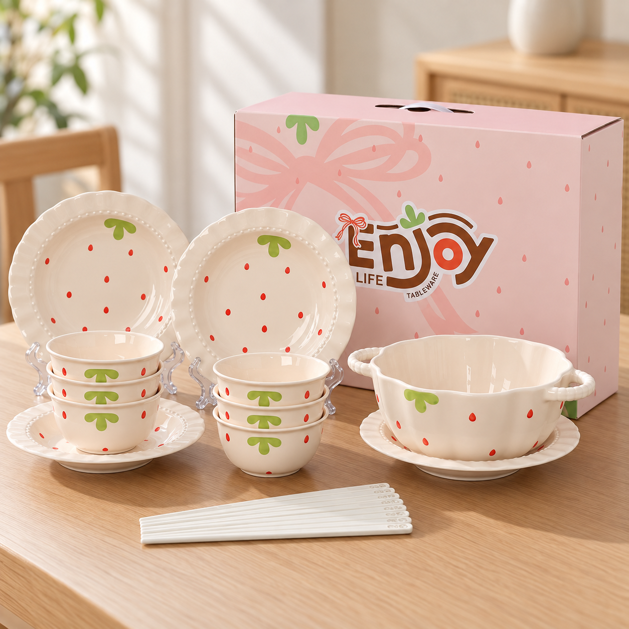 Bộ bát đĩa thìa dâu tây 13 món