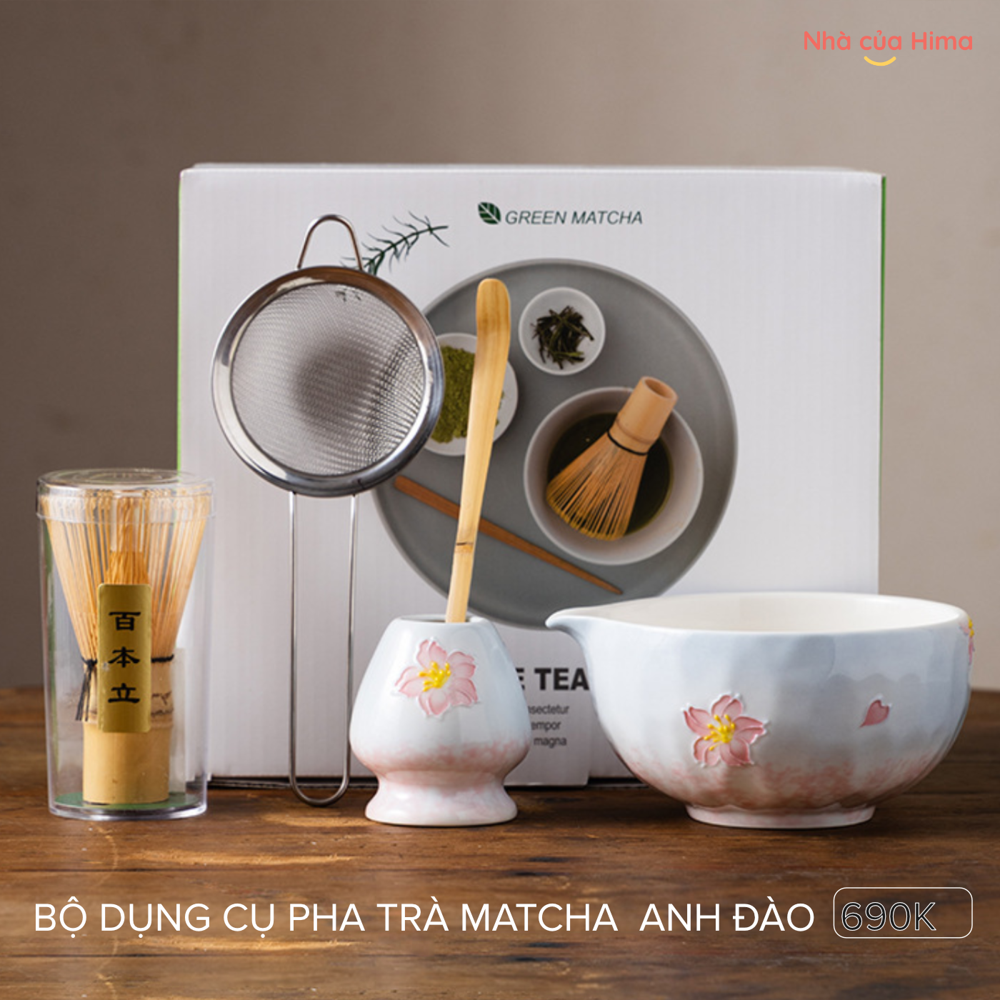 Bộ dụng cụ pha trà matcha 5 món hoa anh đào hồng hoa nổi vẽ tay