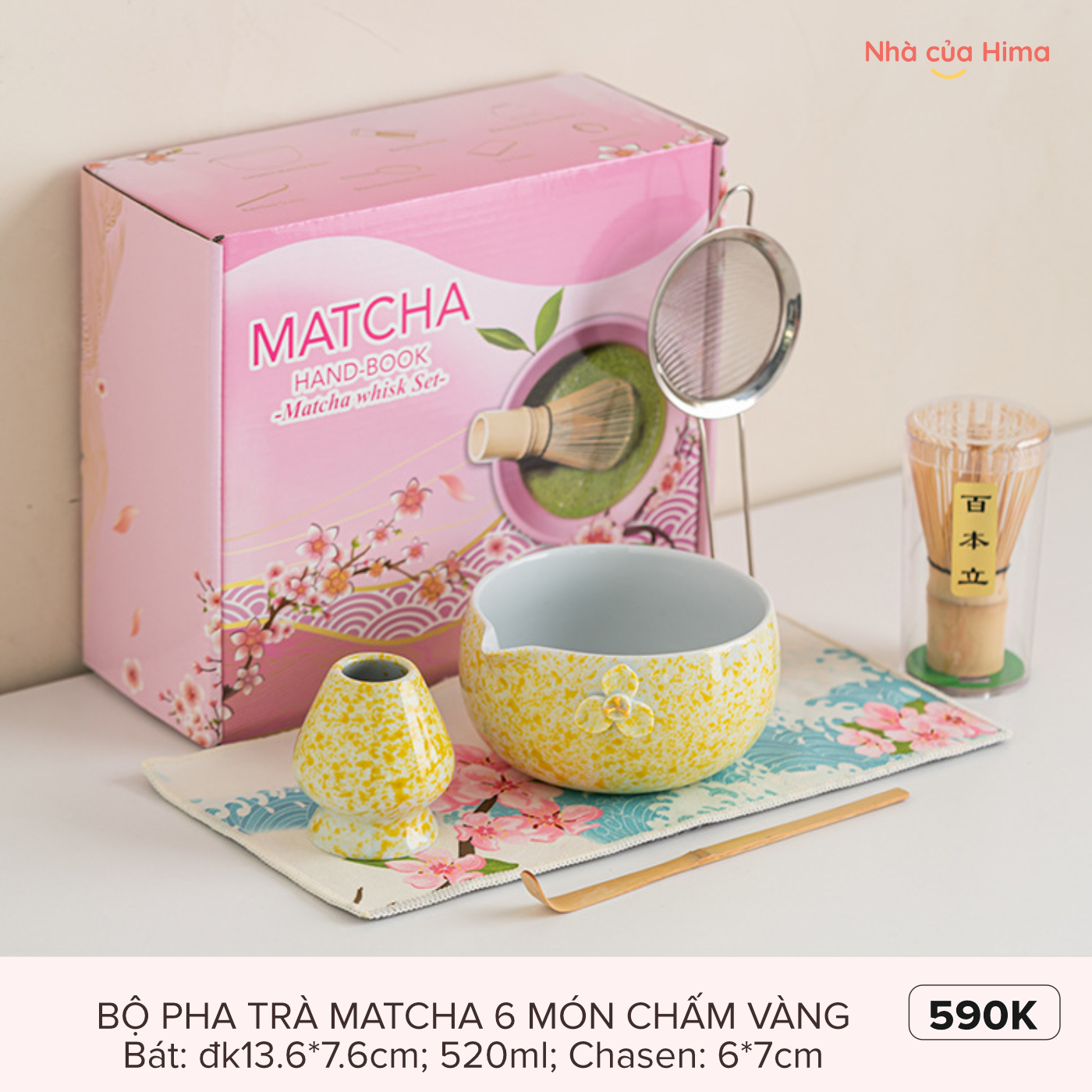 Bộ dụng cụ pha trà matcha 6 món chấm vàng