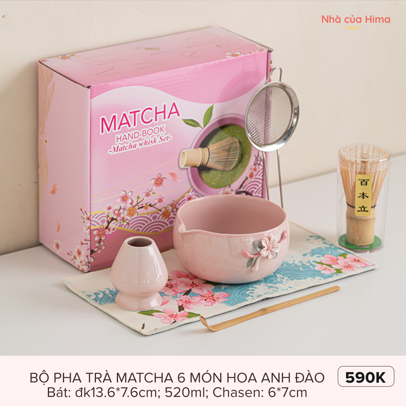 Bộ dụng cụ pha trà matcha 6 món hoa anh đào hồng